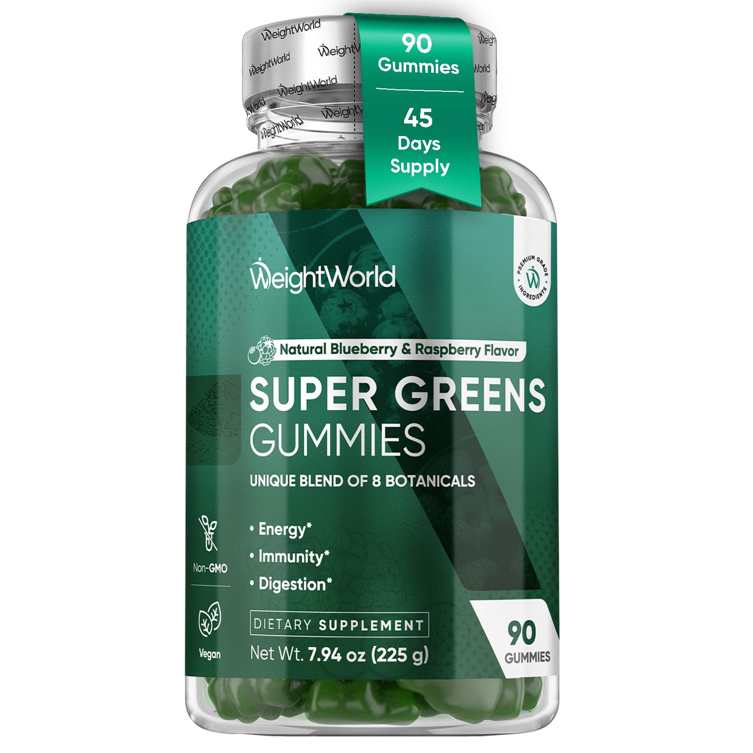 Super Greens Gummies for Adults - 90 Superfood Gummies for Energy, Immunity & Digestion - Vegan Daily Greens Blend (Moringa, Broccoli, Spinach) - Added Vitamins & Minerals - 45 Days Supply