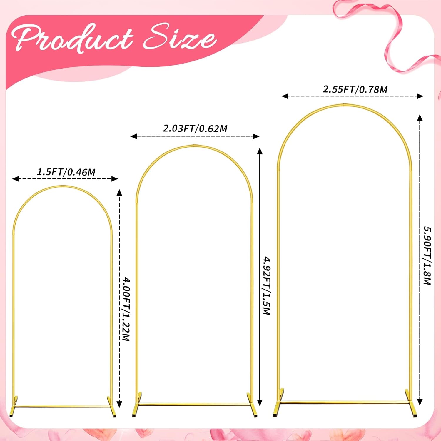 Set of 3 Gold Metal Wedding Arch Backdrop Stand(4/5/6FT) for Ceremony Photo Booth Birthday Party, Balloon Arch Stand for Baby Shower Anniversary Celebration Indoor Outdoor Event Grad Decoration