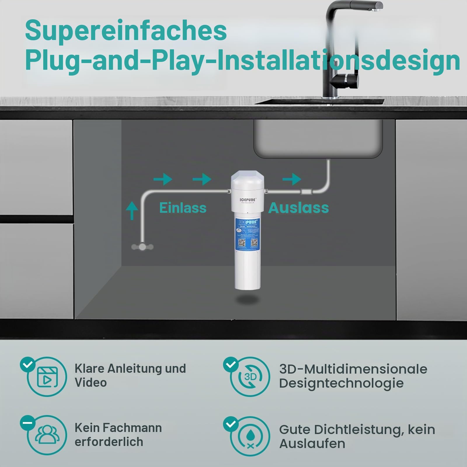 ICEPURE Untertisch Wasserfiltersystem - Direktanschluss entfernt 99,99% Chlor, hohe Chlorreduktionskapazität von 22000 Gallonen verbessert Geschmack und Geruch，USA Tech