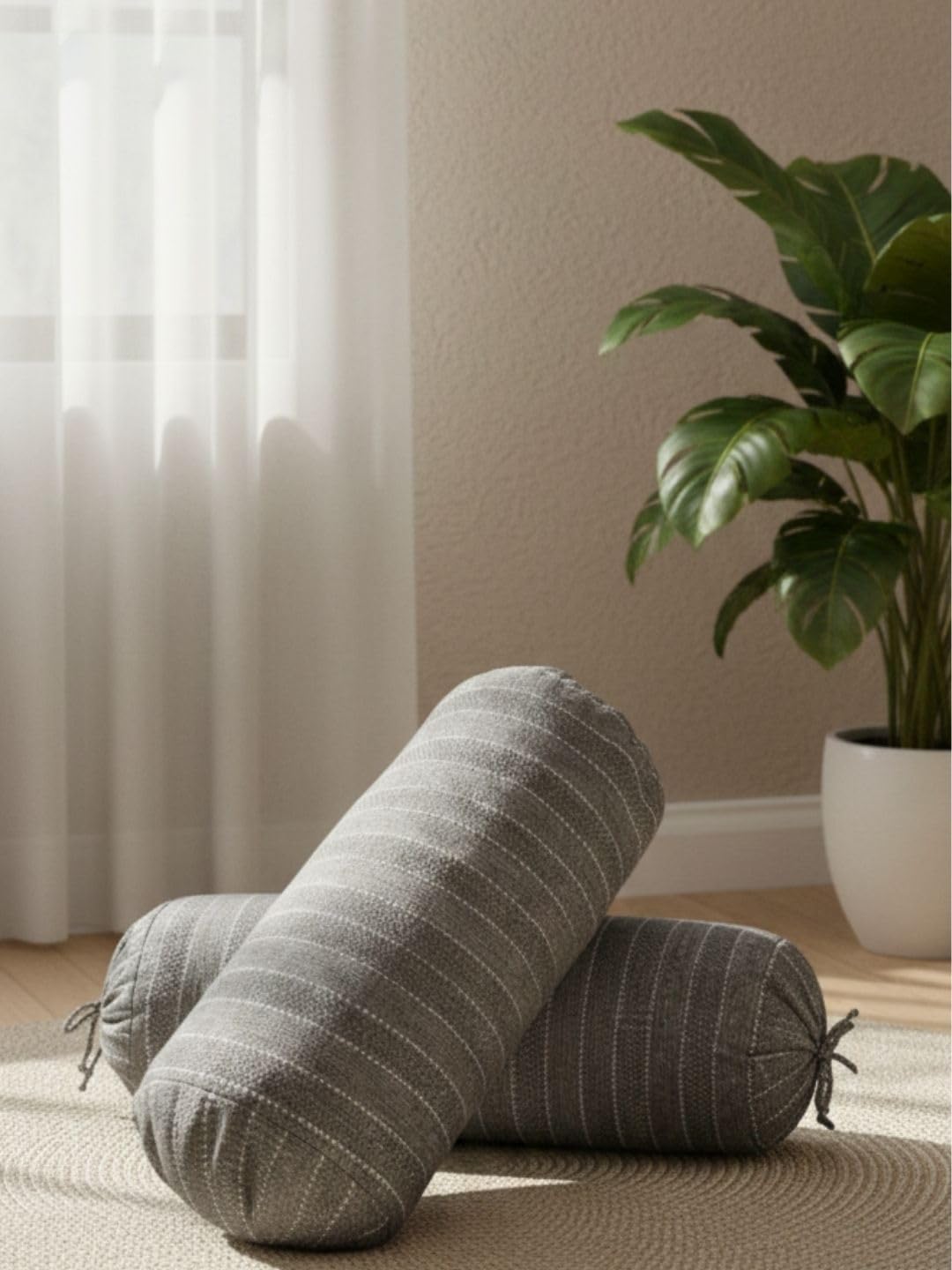 Set of 2 Premium Jute Natural Feel Stripes Design Decorative Coffee Color Bolster Cover/Load Cover, 2 pc Bolster Cover - 15"x30" (38 cm x 75 cm)-image-23