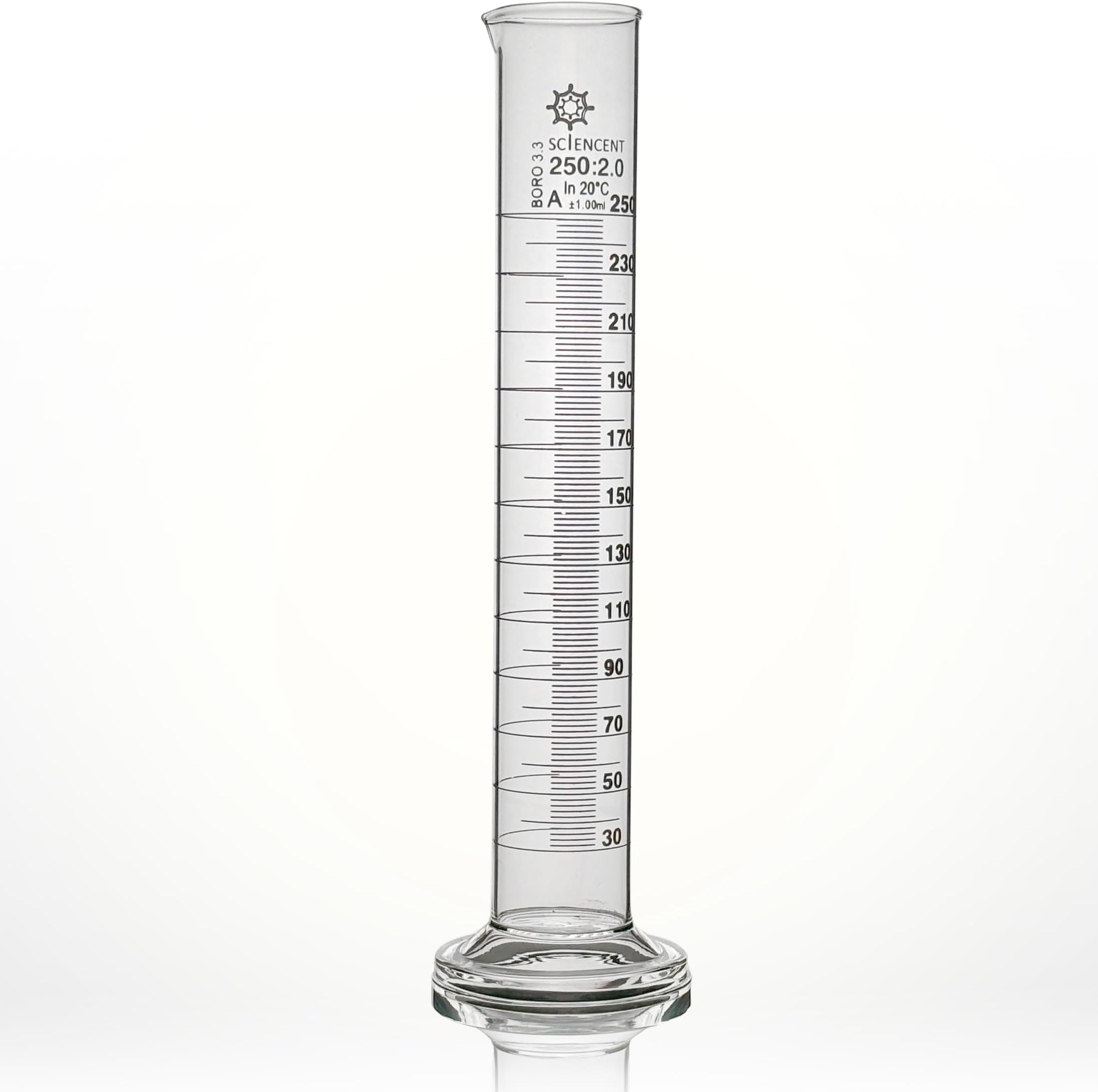 Premium Lab Glass Graduated Cylinder 250 ml Class A ±1ml Borosilicate 250ml Measuring Cylinder