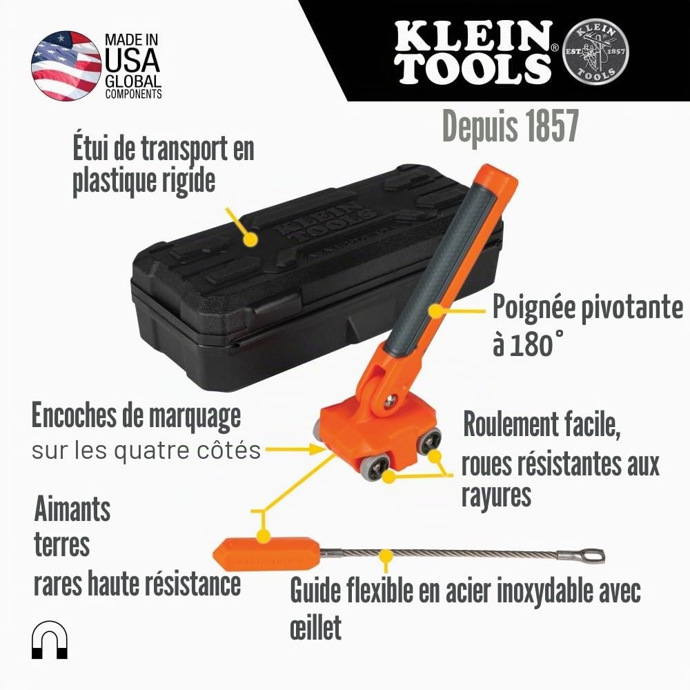 KLEIN TOOLS Klein Tools 50611 Extracteur de fil magnétique pour poissons et câbles derrière les murs ou les espaces restreints, plomb en acier inoxydable, aimant de terre rare Orange