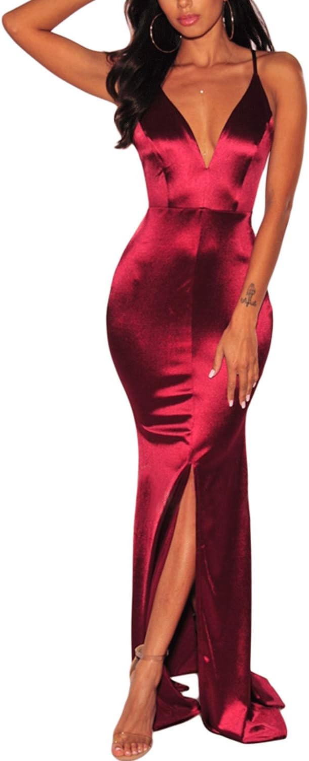 Paitluc Women V Neck Wrap Crisscross Slit Mermaid Maxi Long Evening Party Dress