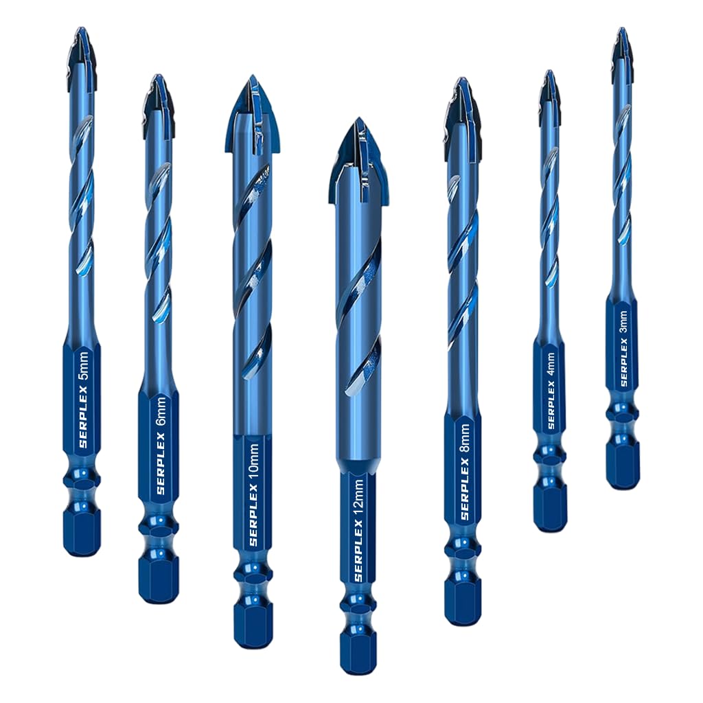 Serplex® 7Pcs Masonry Drill Bit Set, Industrial Strength Tungsten Steel Alloy Carbide Drill Bit Tip, 3/4/5/6/8/10/12mm Drilling Bits with Hexagonal Handle, for Wood, Glass, Tile, Metal, Plastic-image-18