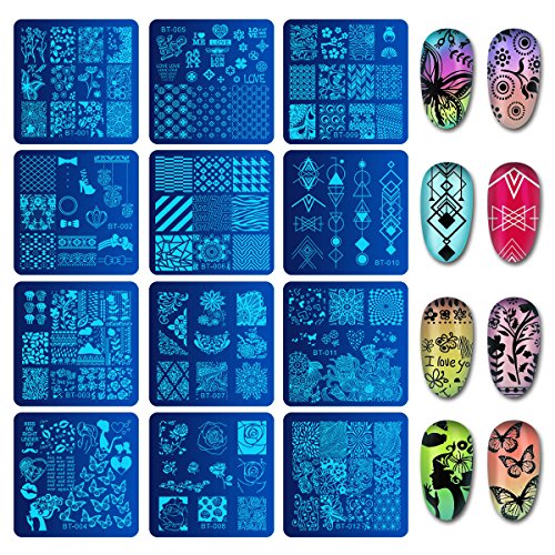 Biutee Nail Stamping Plates Set 12Pcs Nail Plates 1Stamper 1Scraper 1Storage Bag Nail Plate Template Image Plate Stencil Nails Tool (C) #TOP2