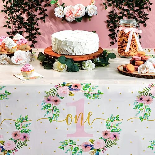 Image of BLUE PANDA 3 Pack Floral Plastic Tablecloth for Baby Girl's 1st Birthday Party Supplies (54 x 108 in)
