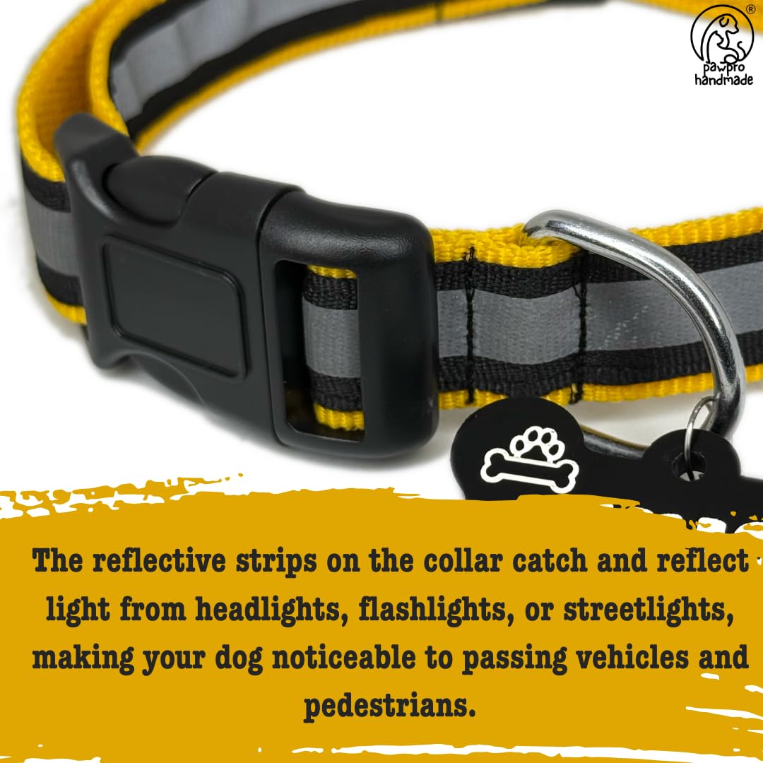 PAWPRO HANDMADE Collare riflettente per cani con targhetta personalizzabile a forma di osso, regolabile per sicurezza e comfort, adatto per collo da 35 a 50 cm, nero (giallo, M)