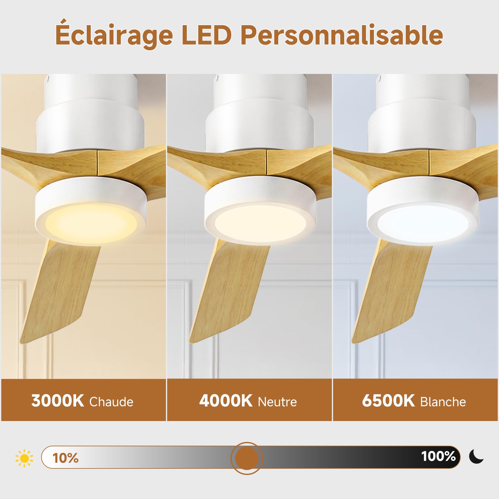 Ateroll Ventilateur Plafond Silencieux, Ventilo Plafond Avec Lumière Et Télécommande, 132 Cm, 3 Pales Bois, Avec Lumière Dimmable, Moteur DC Réversible, Fonction Été-Hiver, 6 Vitesses, Minuterie