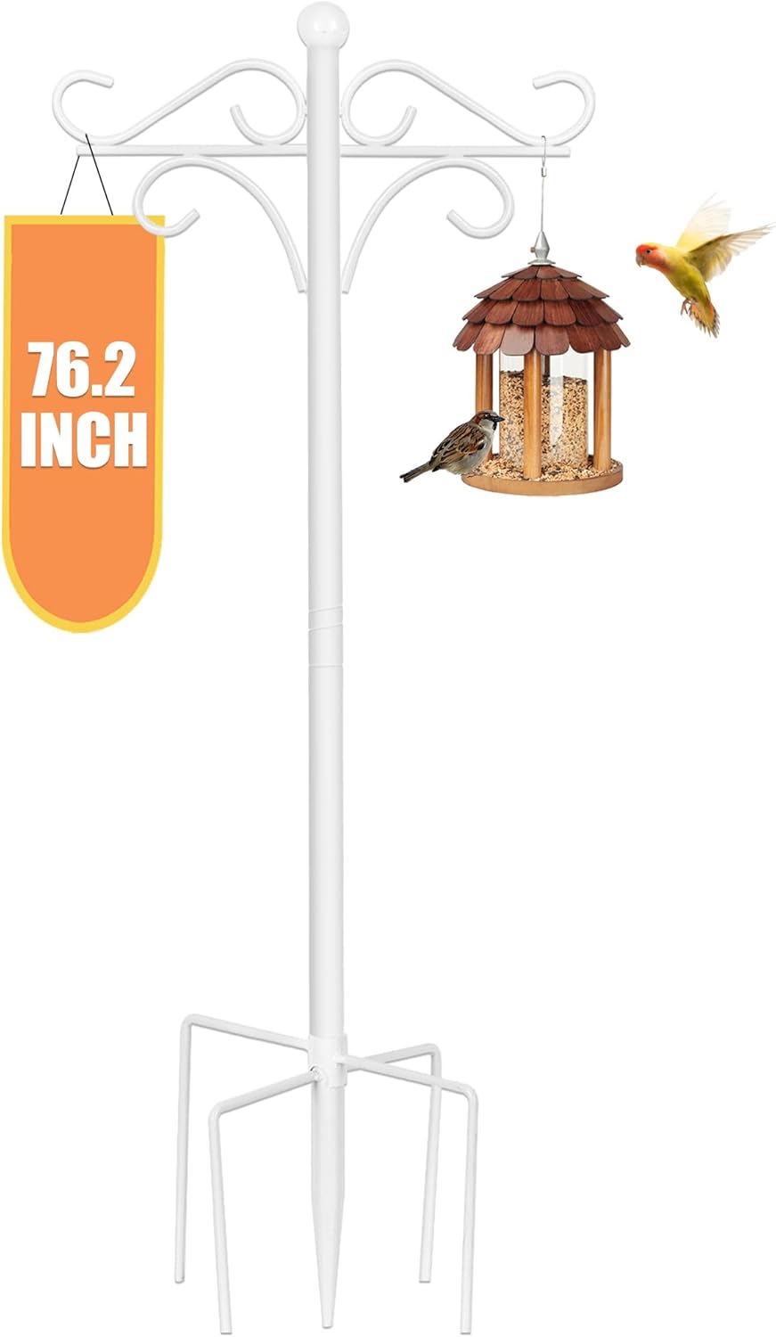 Double Shepherds Hooks for Outdoor, 190cm Bird Feeder Pole, Hummingbird Feeder Stand, Suitable for Wedding/Hanging Garden/Flower Basket/Lantern/Bird Nests(White)