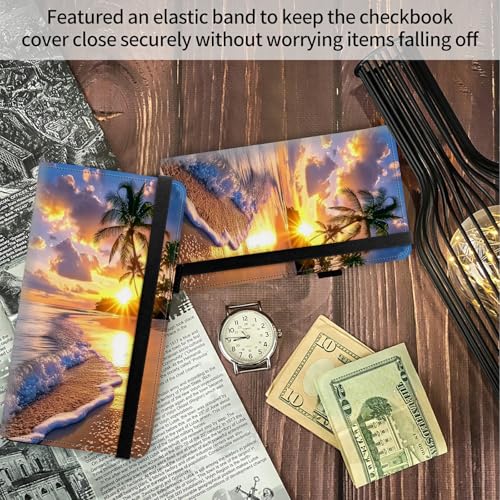 Image of FUYOCWE Leather Checkbook Cover for Men Women Checkbook Covers Personal Checks Card Register Holder Wallet W /RFID Blocking & Pen Holder-Beach Sunset