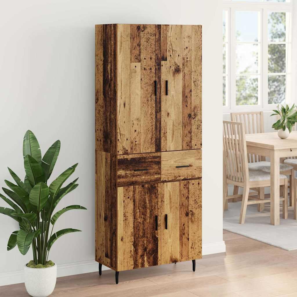 Buffet haut avec tiroirs en bois vieilli et verre, buffet moderne avec espace de rangement, armoire étroite pour salon, salle à manger, couloir, étagère fonctionnelle
