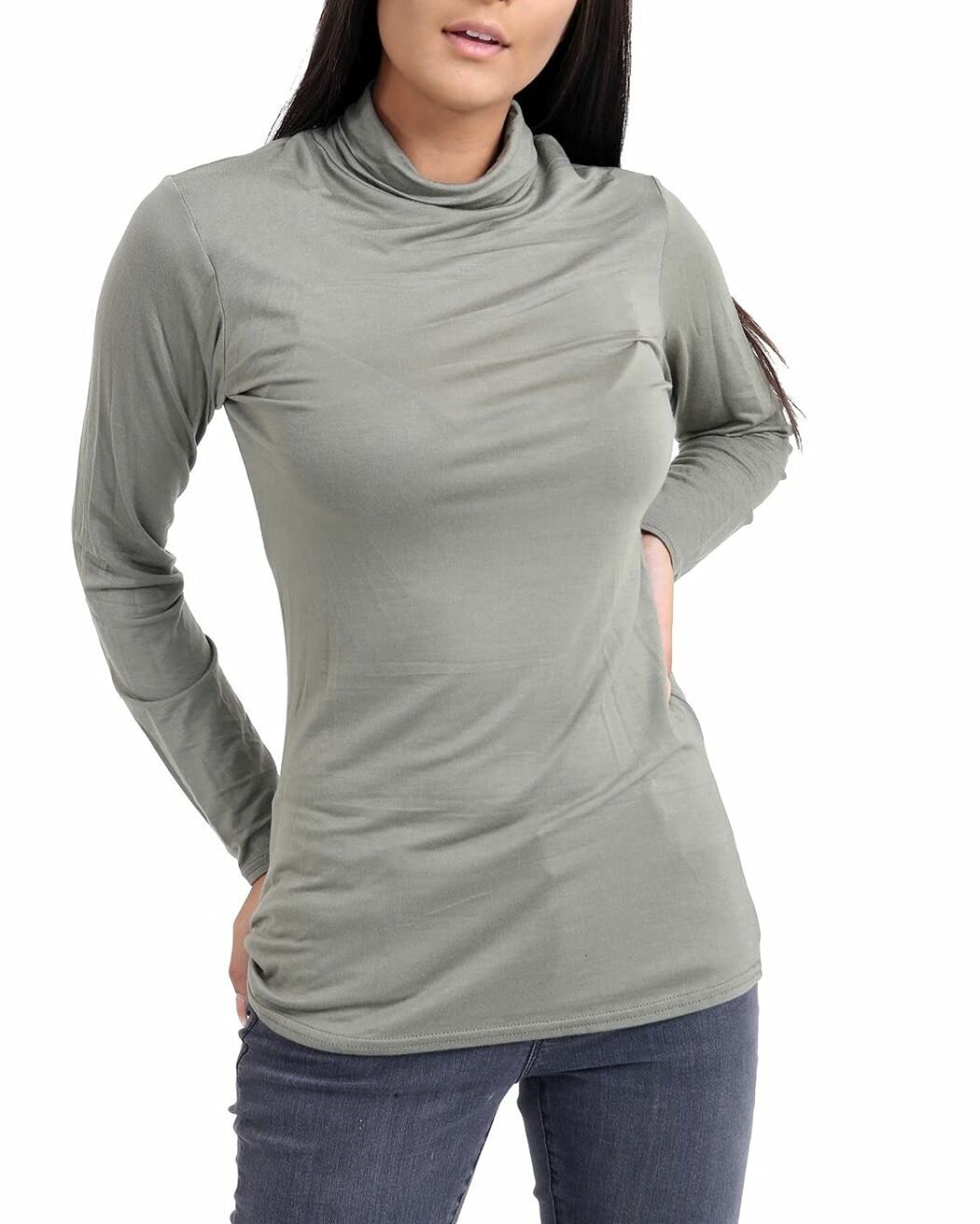 AN Direct Ladies Women Basic Long Sleeve Plain Polo Turtle Neck Ladies Stretch Plus Size Top T Shirt (Khaki, XXL)