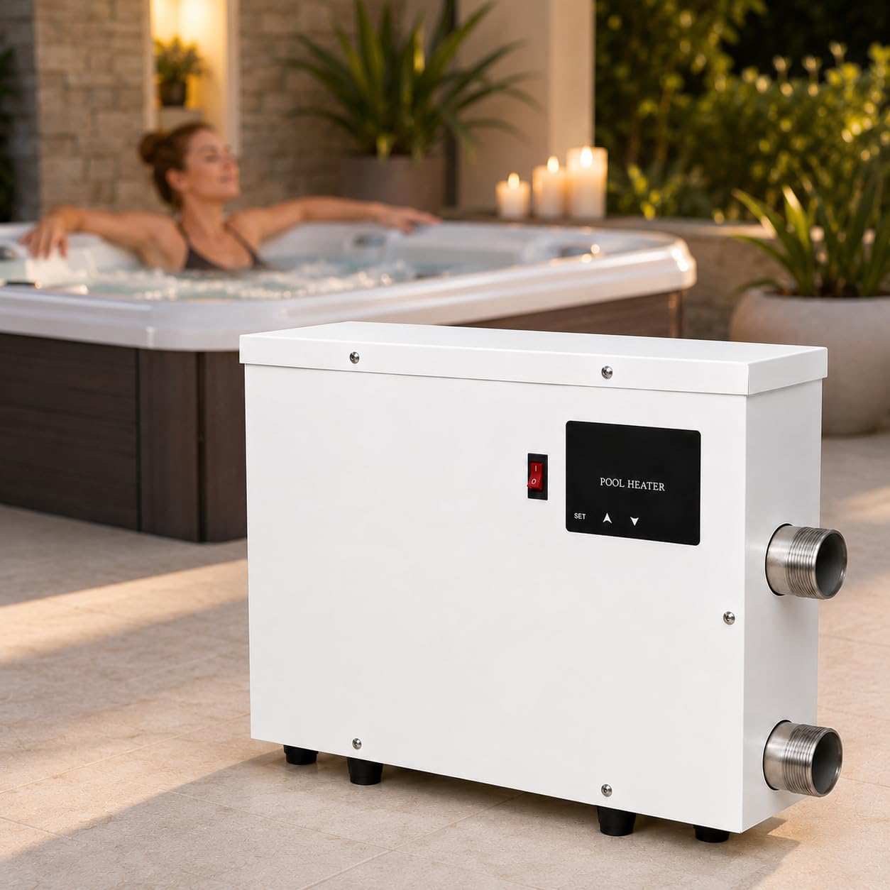 Bomba de Calor Piscina Alternativa Eléctrica PHS, Calentador Piscina 5,5–15 kW, Termostato Táctil 20–50 °C, Tubo Acero Inox 316, Conexiones 1,5 Pulgadas, para Spa y Piscina Fuera de Tierra 6kw