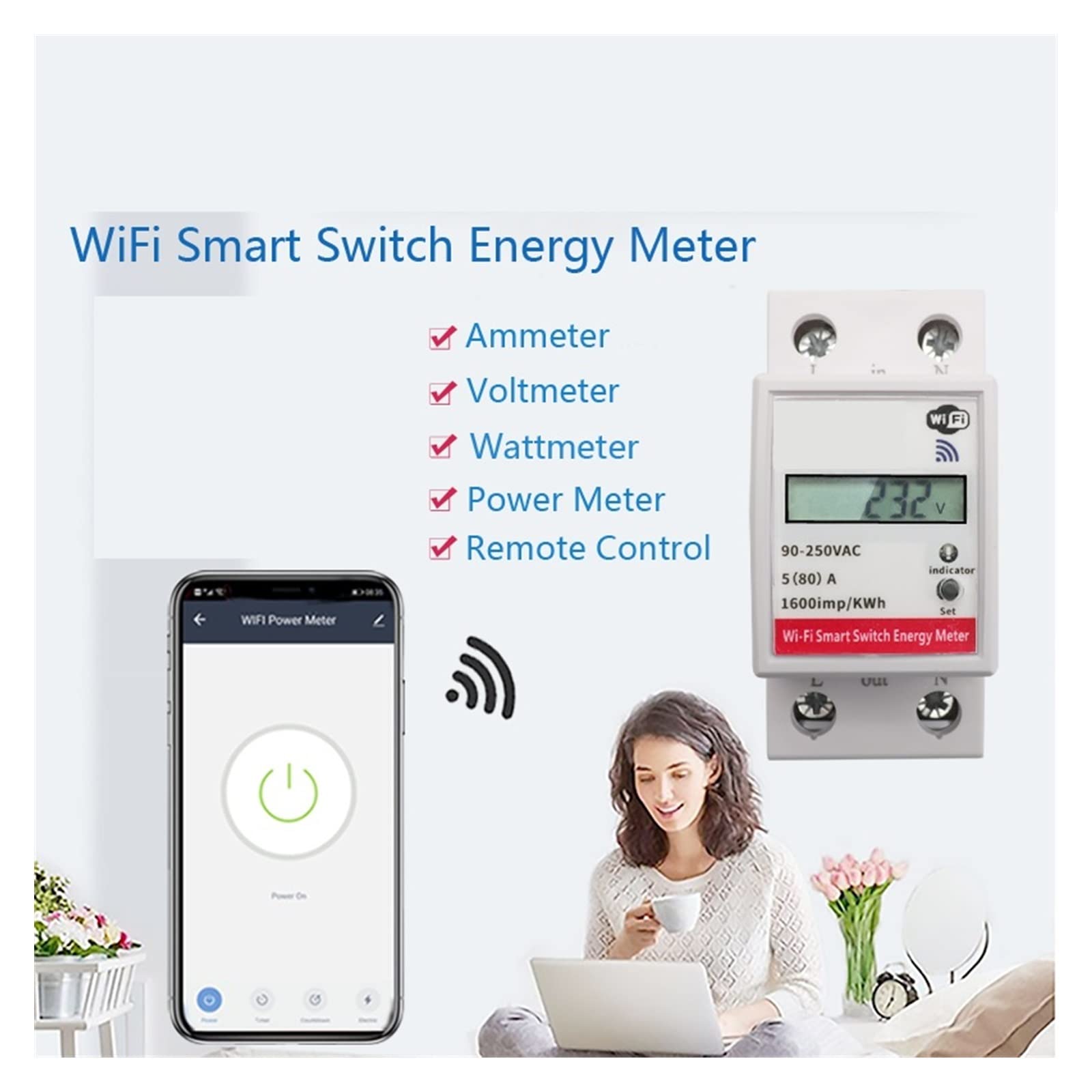 Inteligentny Miernik, inteligentny licznik energii zużycie KWh woltomierz 90-250V przełącznik zdalnego sterowania na szynę Din inteligentne życie Tuya Home, Łatwy w instalacji
