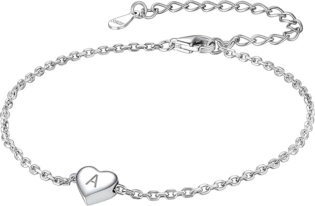 Suplight 925 Sterling Silver Adjustable A-Z Letter Initial Heart Chain Charm Bracelet for Women Girls (with Gift Box)
