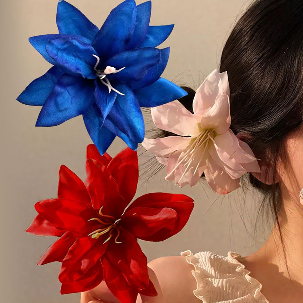 Lily Hawaiian Flower Hair Clips For Women 4.72IN Blue Pink Red Flower Hair Clip Side Barrettes Colorful Tropical Floral Alligator Clips Summer Beach