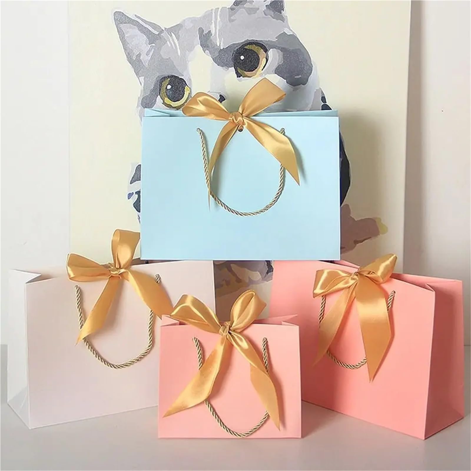 Bolsas de papel for regalo con lazo, 15 unidades, multicolor, portátiles, asas for ropa, prácticas y reutilizables para Envolver Regalos(Gold-Pink,43x32x14cm)