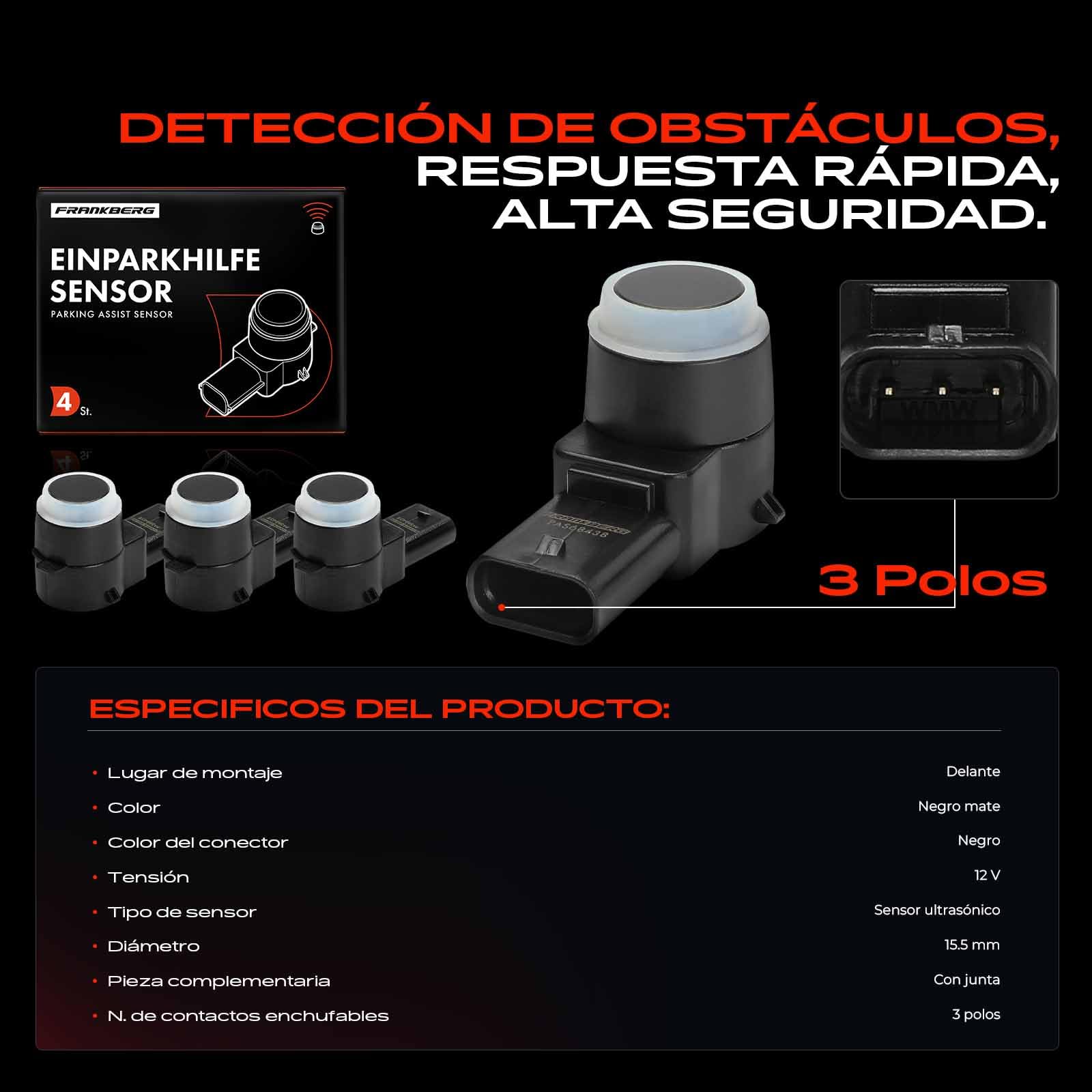 Frankberg 4x Sensor de aparcamiento PDC Delantero Compatible con 307 3A/C 1.4L-2.0L 2000-2012 308 CC 4B 1.6L 2.0L 2009-2014 308 I 4A 4C 1.4L-2.0L 2007-2014 Replace# 2125420118