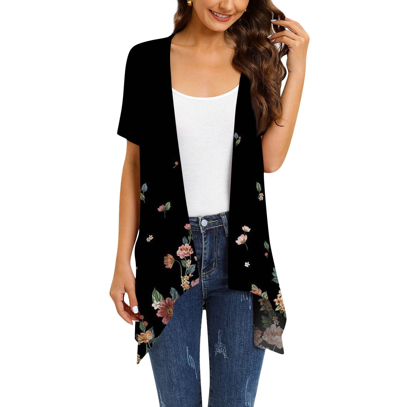 NUSGEAR 2023 Cárdigan Mujer Gasa Manga Corta Kimono Suelto Chal Cárdigan Moda Casual Tops Floral Impresión Ligera Informal Chal otoño Verano Boho Playa Cómodo Bikini Cover Up Blusa Chaqueta