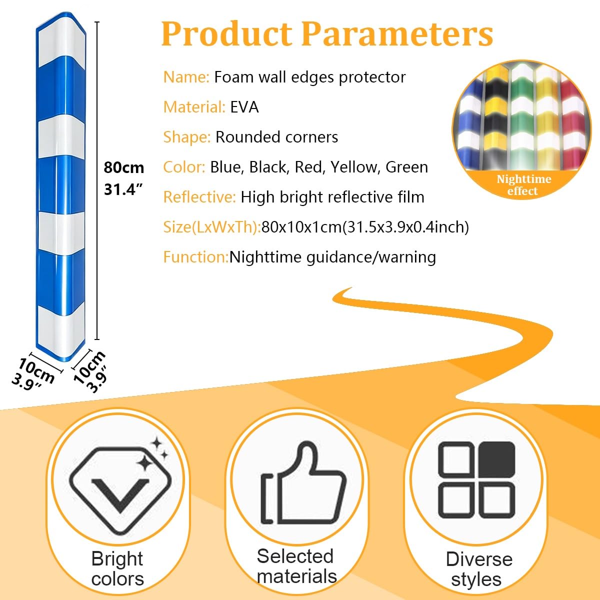 Protector de Esquinas Autoadhesivo para Pared de Garaje, Protector de Columna de Goma Reflectante, Protectores de Bordes de Pared de Garaje 80cm(Right Angle-D,2pcs)