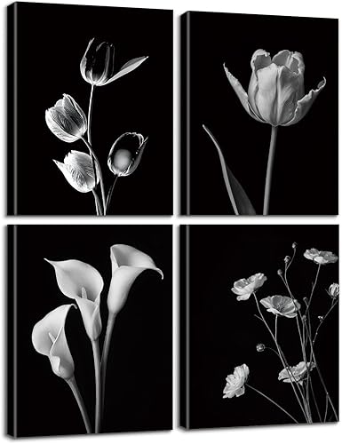 Juego de 4 impresiones artísticas de pared de plantas de flores en blanco y negro, decoración de pared de estilo vintage para sala de estar,
