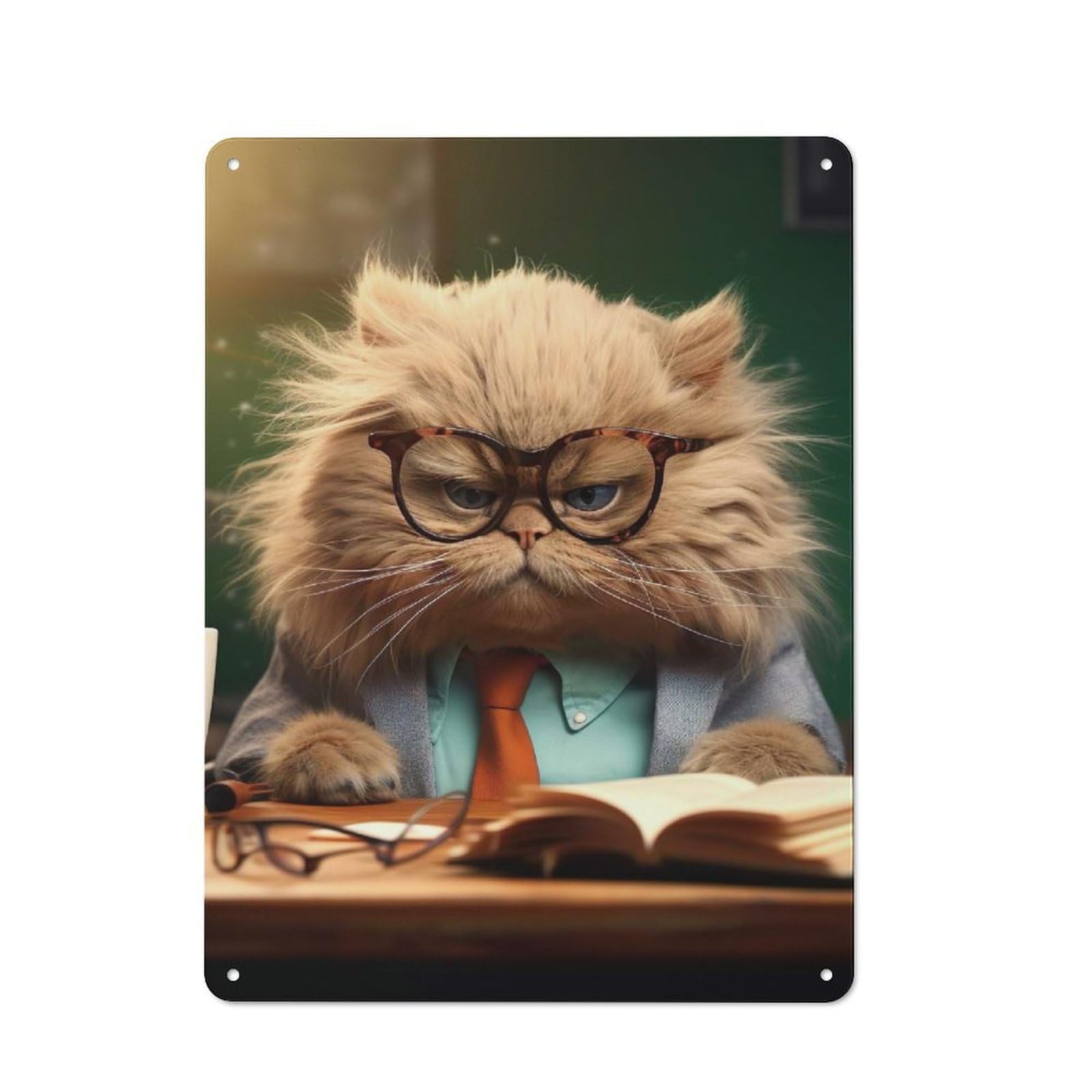 Angry Teacher Cat Glasses Tin Wall Sign 40x30cm, Country Style Bistro Wall Plaque for Coffee Bar, Kitchen, Bistro Or Tea Corner