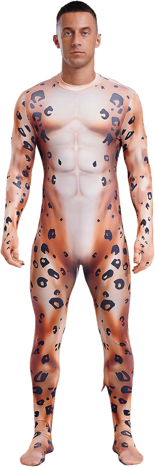 Mens Catsuits Halloween Cosplay Printed Animals Zentai Footed Bodysuits with Tail