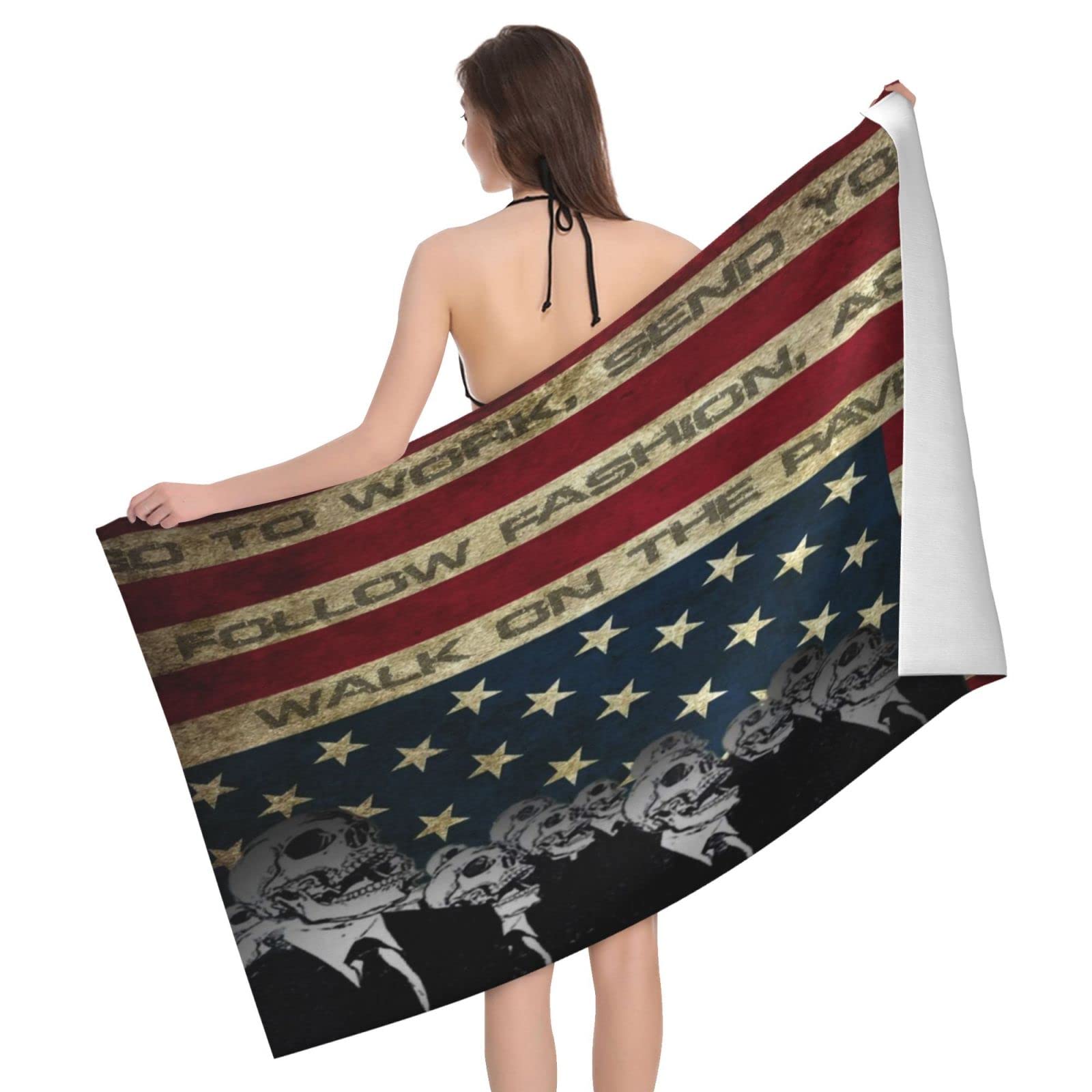 Lawenp USA Flag and Skull Beach Towel, Lightweight Sand Free Quick Dry Microfiber Absorbent Bath Towel for Kids, Adults, Swimming, Bath, Yoga, Pool, Travel, Camping 32"X52"