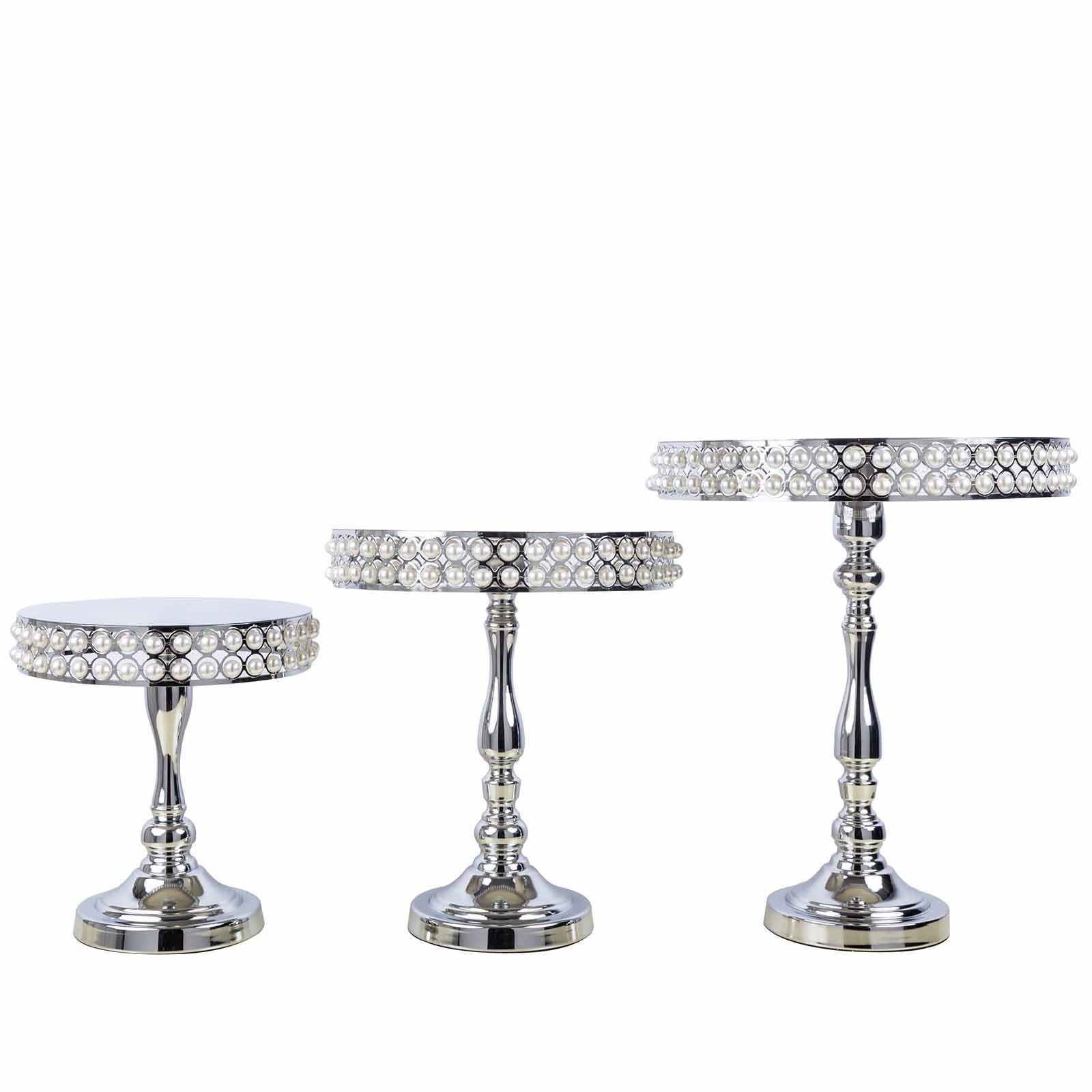 BalsaCircle 3 pcs Silver Pearl Beaded Metal Cake Stands Risers - Wedding Party Dining Home Centerpieces Decorations
