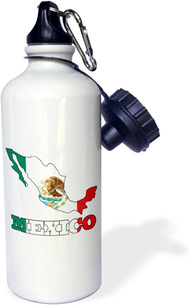 3dRose "Mexican flag in the outline map and letters for Mexico." Sports Water Bottle, 21 oz, White