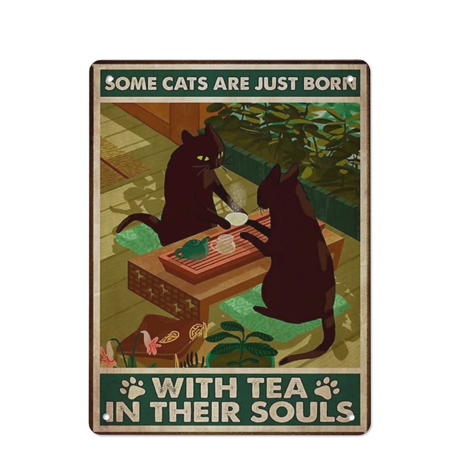 AOOEDM Cat Born With Tea Metal Tin Sign for Home Bar Pub Kitchen Wall Art Deocr Man Cave Vintage Metal Sign Poster Plaque Signs Quotes Sign