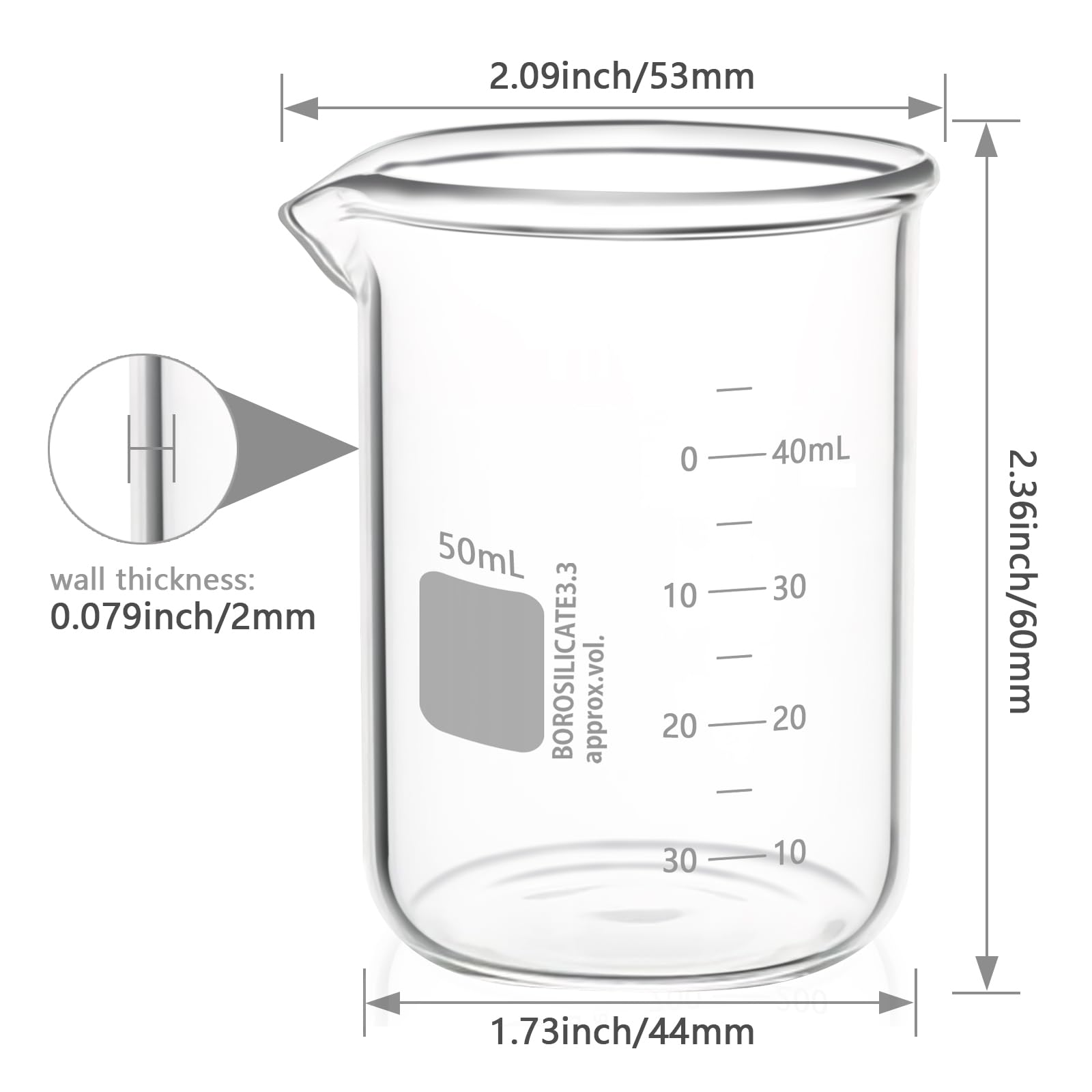 6PCS 50ml Glass Beakers Heavy Duty Beakers, White Double Scale Graduation, Borosilicate 3.3 Glass Lab Beaker, Low Form Griffin Measuring Beaker (6, 50ML) — Amazon image 2