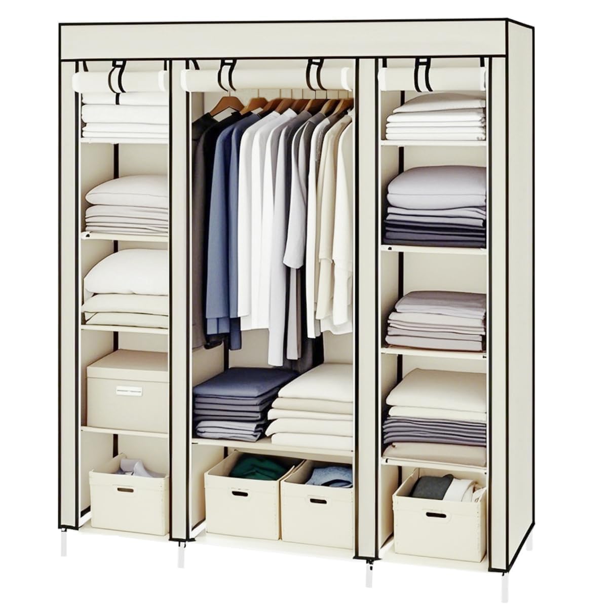 Portable Closet, Wardrobe Closet Organizer with Cover, Portable Closet with Zipper, 59x17.7x69 Inches, with 3 Hanging Rods and 12 Storage Shelves, Spacious Large-Capacity Storage Space, Beige