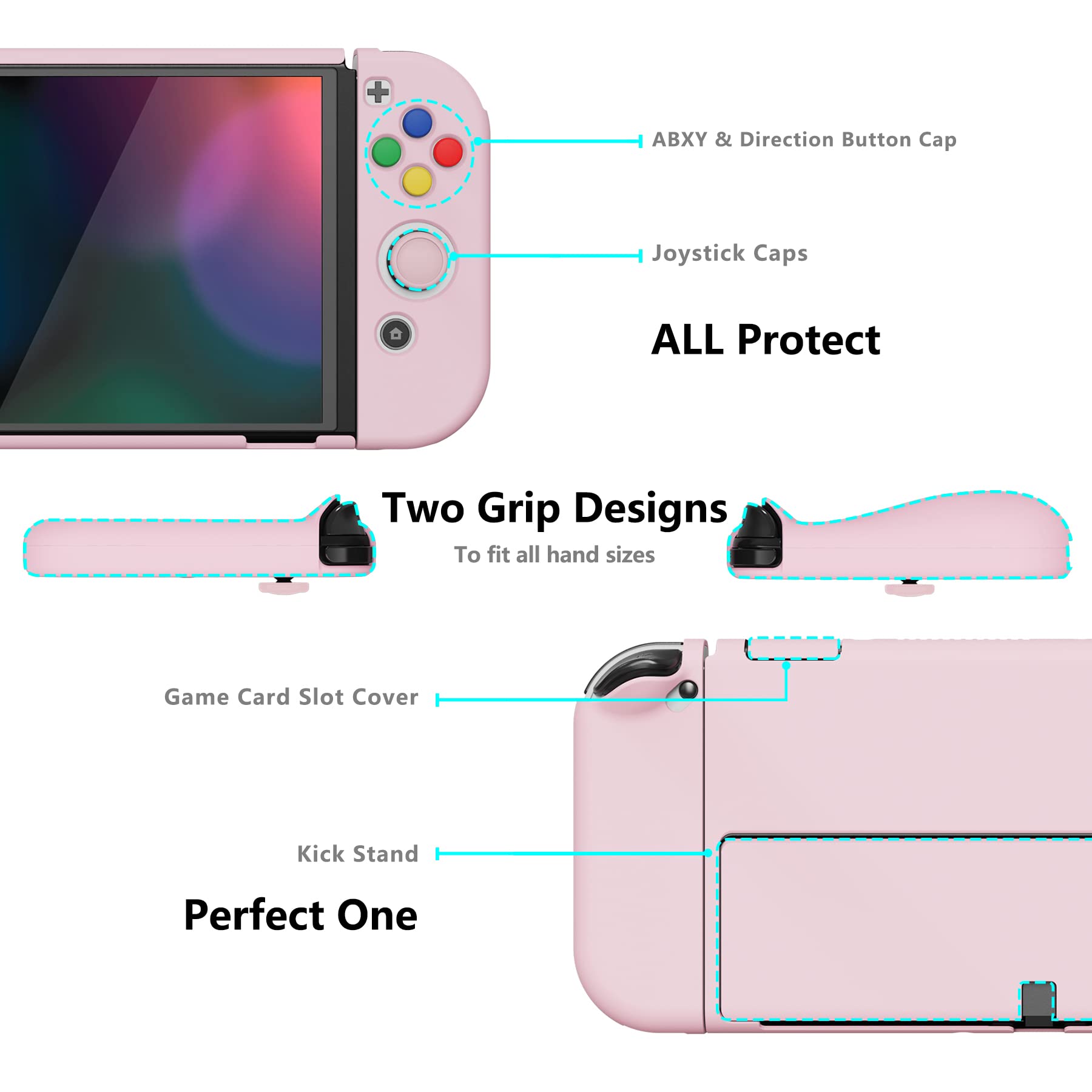 PlayVital Funda Protectora Ergonómica para Nintendo Switch OLED, Carcasa Rígida Antideslizante con Tapas para el Pulgar y Pegatinas Decorativas para Botones (Rosa)