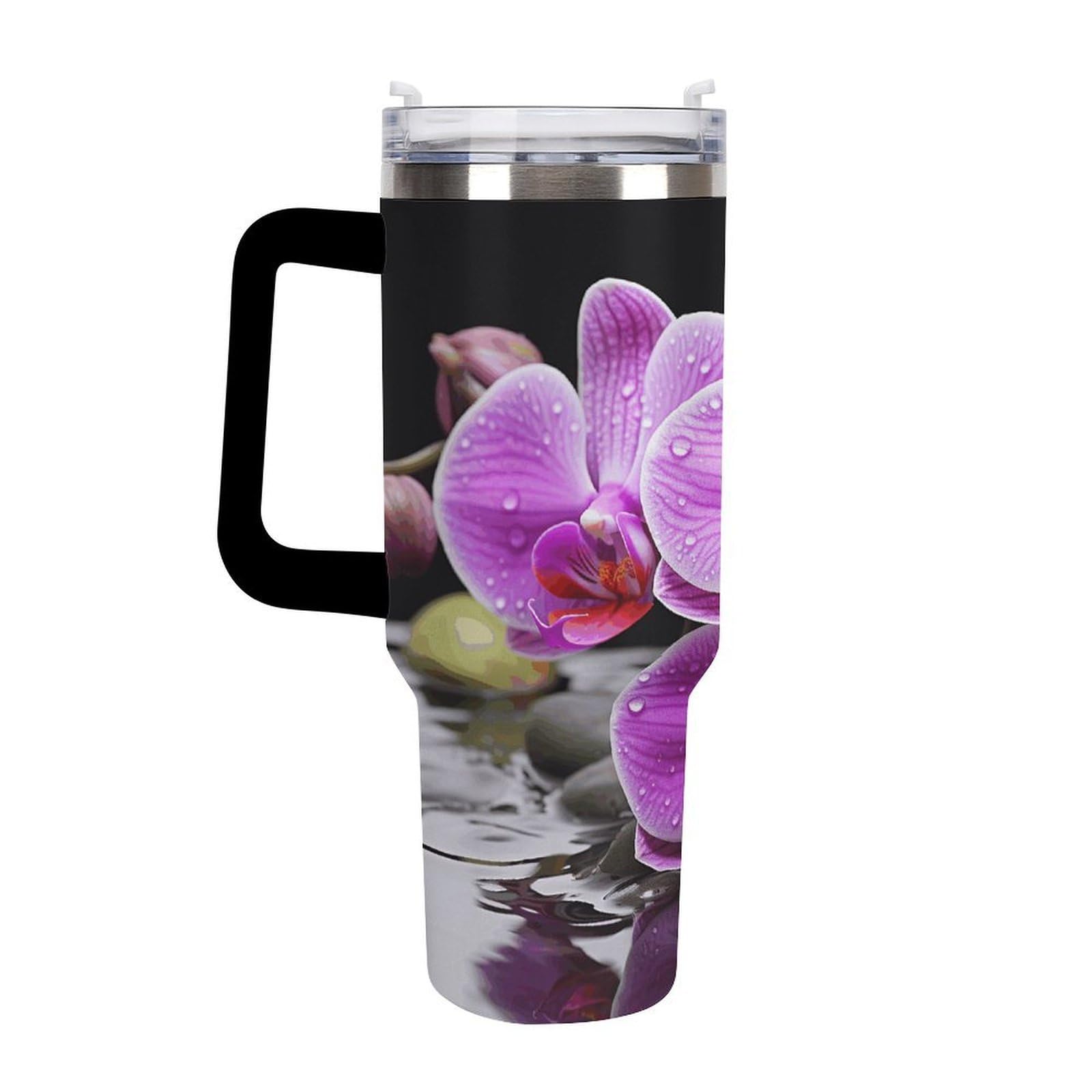 Violette Orchideen-Becher mit Strohhalm und Griff, doppelwandige Vakuumisolierung, Wasserflaschen für Eiskaffee, Tee, heiße und kalte Getränke