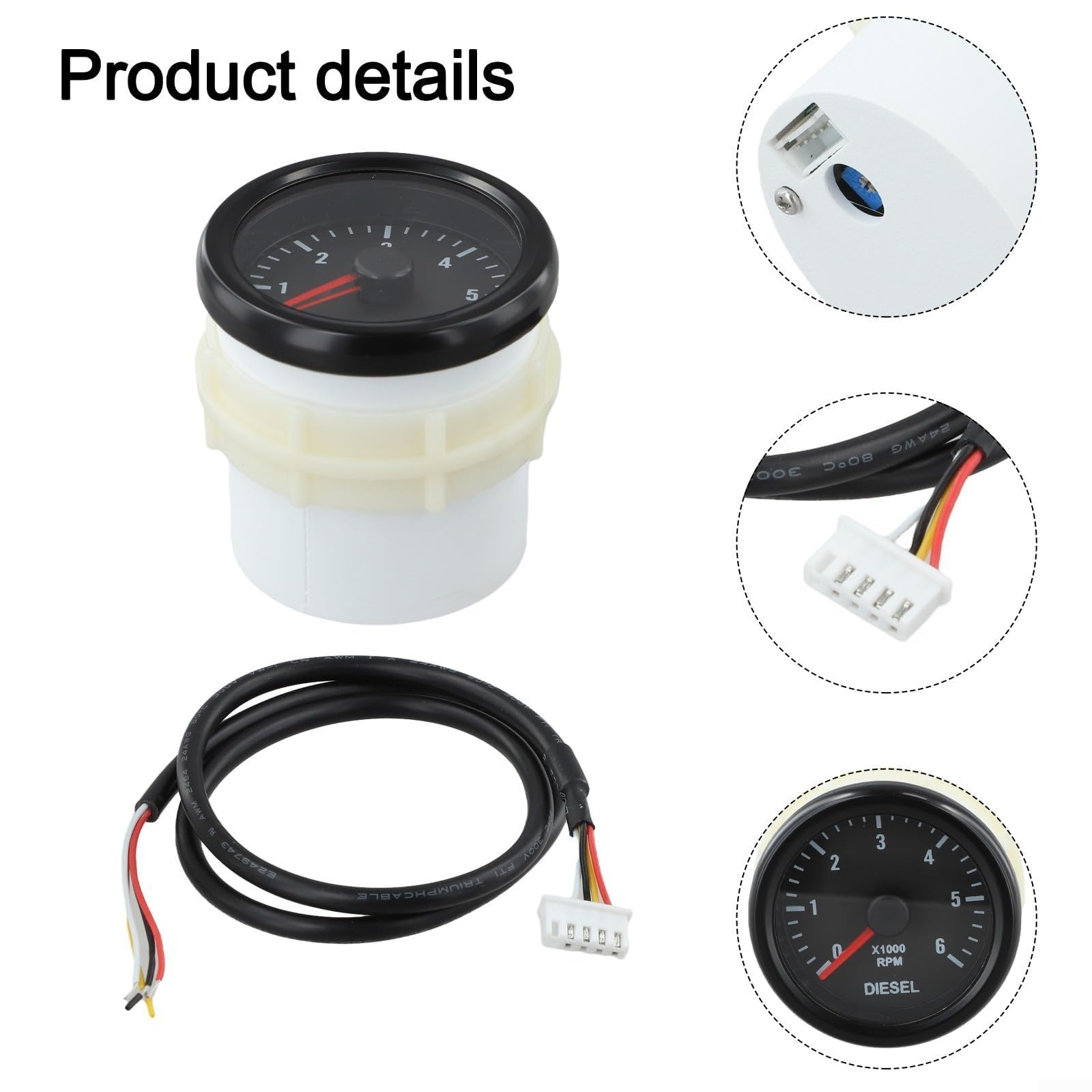 Jauge électrique de 52 mm pour moteurs diesel, affichage du tableau de bord 0-6000 tr/min, instrument de surveillance du moteur en plastique noir