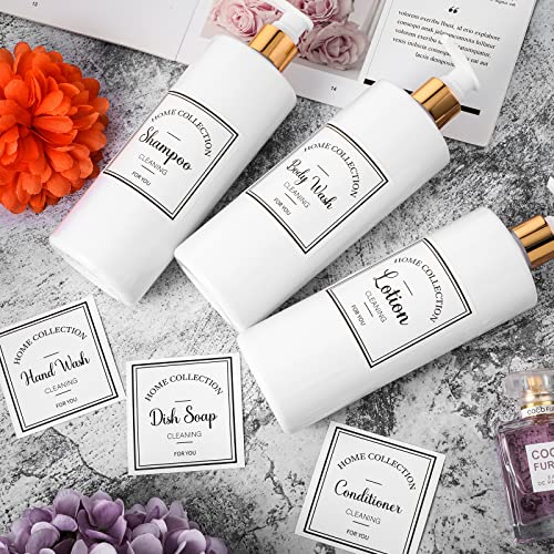 3 Pieces 16oz Pump Bottle Set Shampoo and Conditioner Bottle Plastic Refillable Soap Dispenser Shower Dispenser with 6 Label Sticker for Lotion Body Massage (Gold and White)3