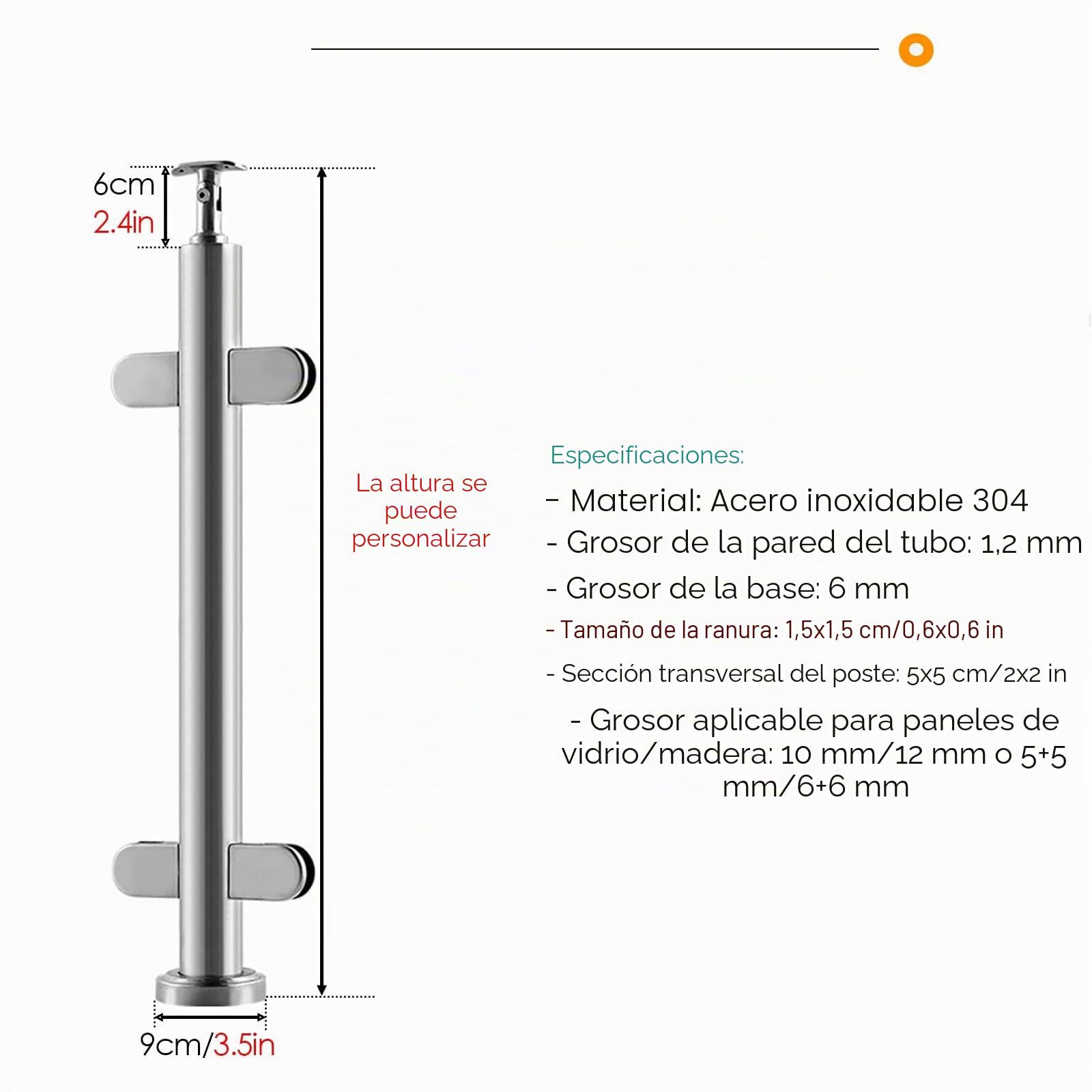 poste para barandilla vidrio 60 65 70 75 80 85 90 95 100 110 120 130 140 Cm Altura Final de barandilla de vidrio / Medio / Poste de esquina, Postes de balaustrada de vidrio para escaleras interiores m