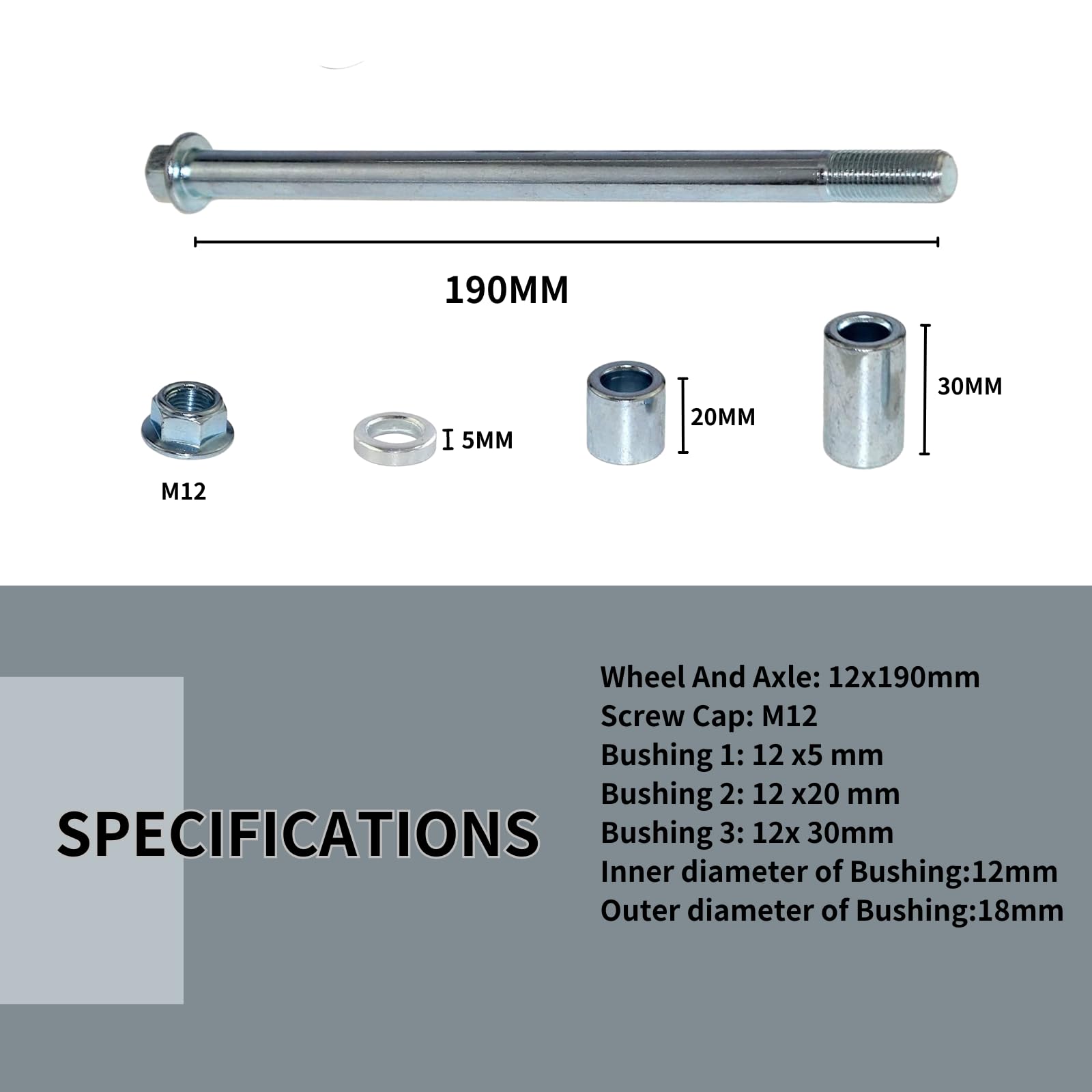 Essieu avant et arrière avec bague de 12 mm, 190 mm, 5 mm, 20 mm, 30 mm - Convient pour moto tout-terrain, cyclomoteur, scooter, quad, VTT, mini vélo