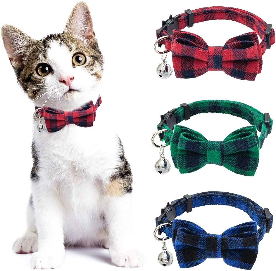 PAWCHIE Breakaway Bowtie Cat Collar with Bell - 3 Pack Classic Plaid Kitten Collars with Removable Bow Tie, Adjustable and Safety for Kitty, Puppy, Small Dogs