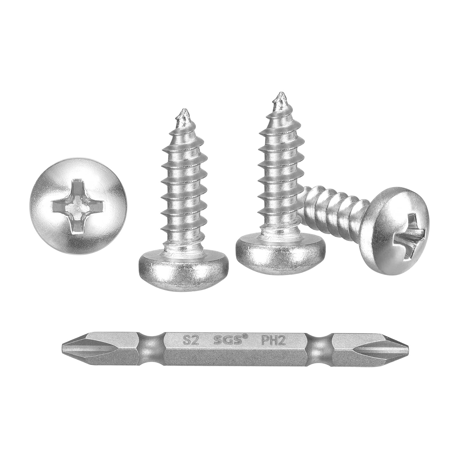 METALLIXITY Phillips Pan Head Self Tapping Screws(#10x5/8") 200Pcs, 304 Stainless Steel Self Drilling Screw for Metal Wood Plastic with Bit, for Cabinet Wall Shutter Plate Furniture, Silver