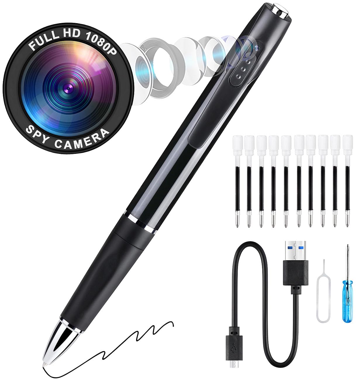 penna con telecamera: Penna a sfera con videocamera, Risoluzione Full HD, microfono integrato (videocamera, fotocamera, SD)