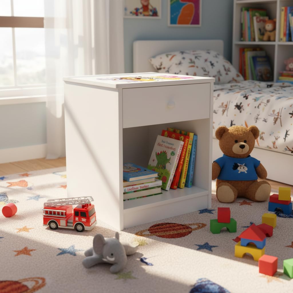 leomark comodino moderno in legno 40cm x 38cm x 42cm (A), con cassetto e scompartimento apertoin, comodino per bambini, mobili per la cameretta dei bambini con stampa colorata Animali