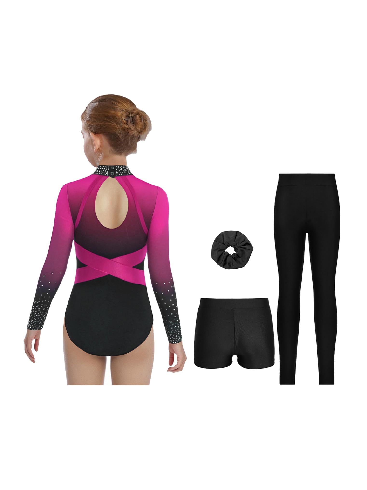 Choomomo Set Bambina Body Ginnastica 4 Pezzi Body e Leggings Shorts Fermacapelli Outfit Danza Ginnastica Pattinaggio Sport Fitness 5-16 Anni
