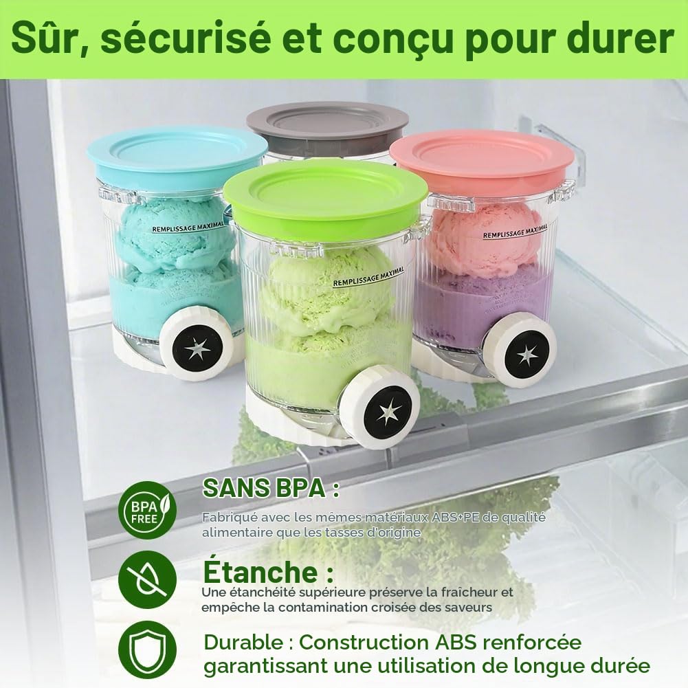 Contenant de Crème Glacée, 4 Pièces Récipient à Crème Glacée, 473 ML Récipient avec Couvercle Accessoires pour Ninja CREAMi Swirl NC700 et NC701, Sans BPA et Lave-Vaisselle