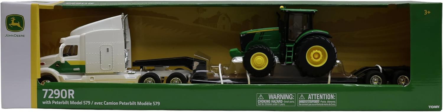 Tomy Peterbilt Lowboy Semi Truck with John Deere 7290R Tractor – 1:32 Scale – Lowboy Trailer Hauling Set with Authentic Peterbilt and John Deere Details – Ages 3+
