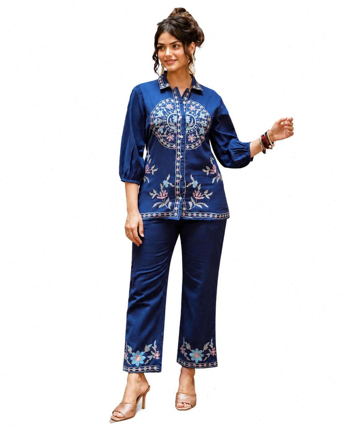 Women's Navy Blue Floral Embroidered Co-ord Set with Shirt and Pants-picture-29
