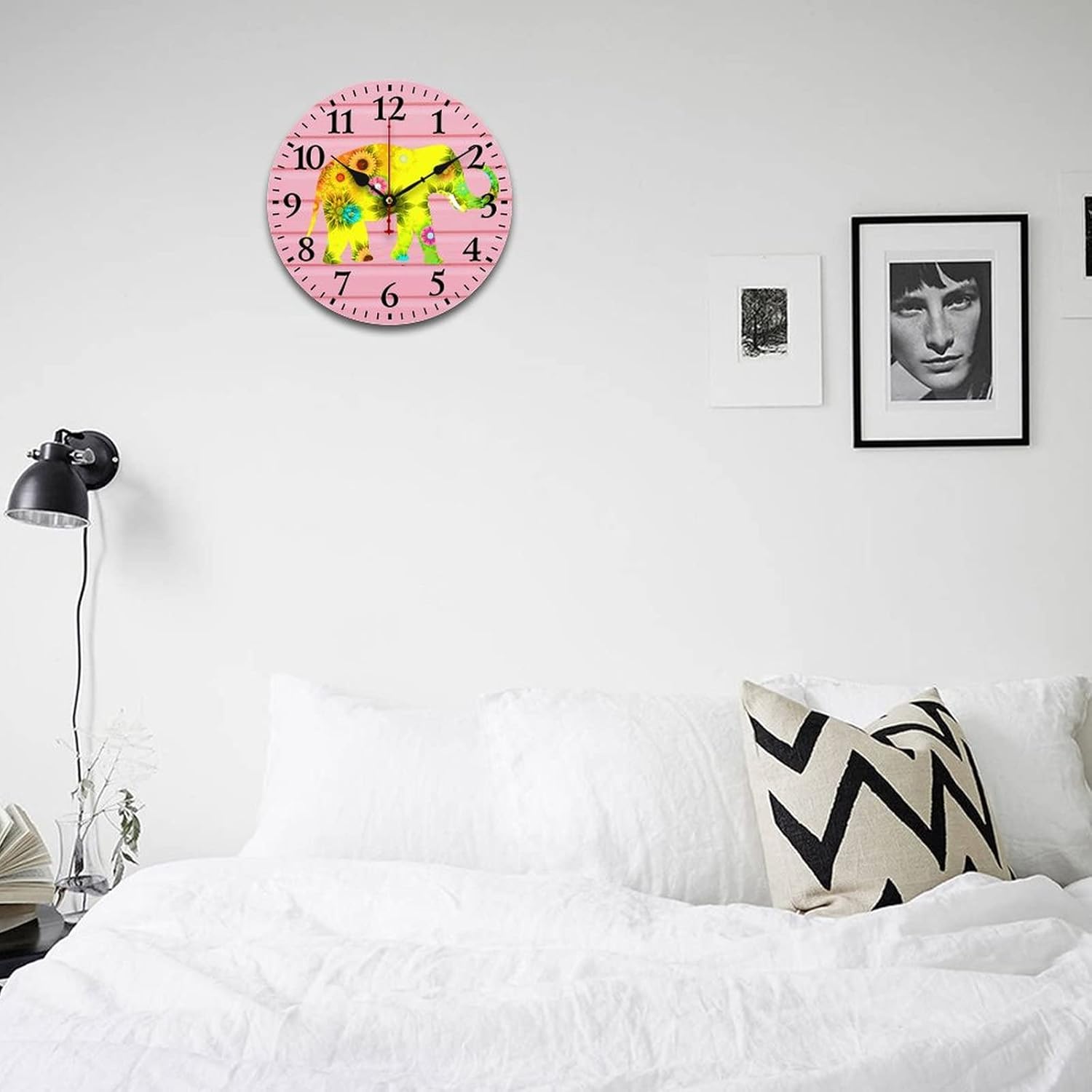 Wood Clock Animal Elephant Round Desk Clock Non Ticking Cute Anime Wall Clocks 16 Inch Home Office School Decoration Childrens Clock for Classroom Playroom Nursery Bedrooms Kids Room School