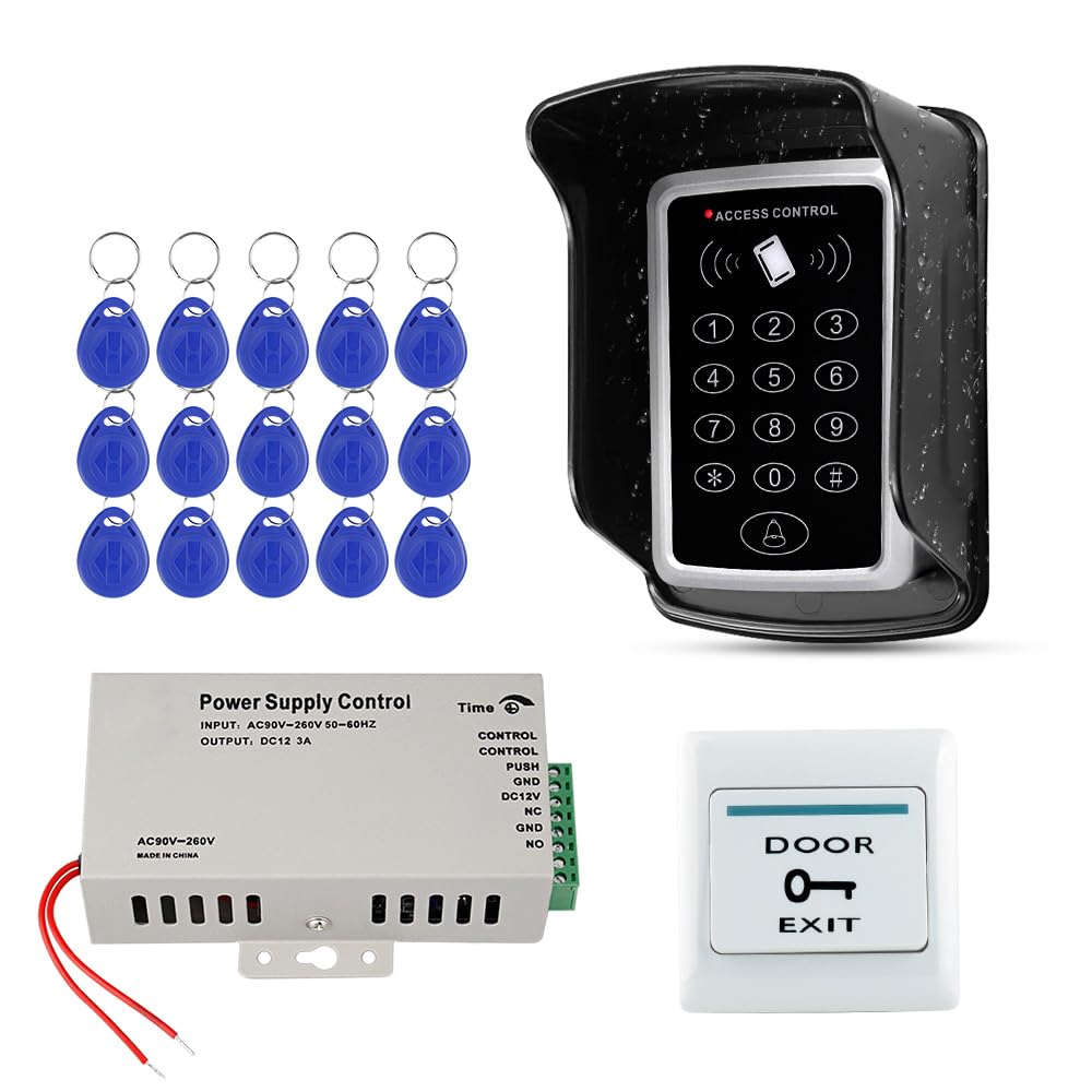Kit de Sistema de Control de Acceso de Puerta Impermeable Teclado RFID Lector de Tarjetas 125KHz + Fuente de Alimentación DC12V 3A + 15pcs Llavero, Sin Cerraduras Eléctricas