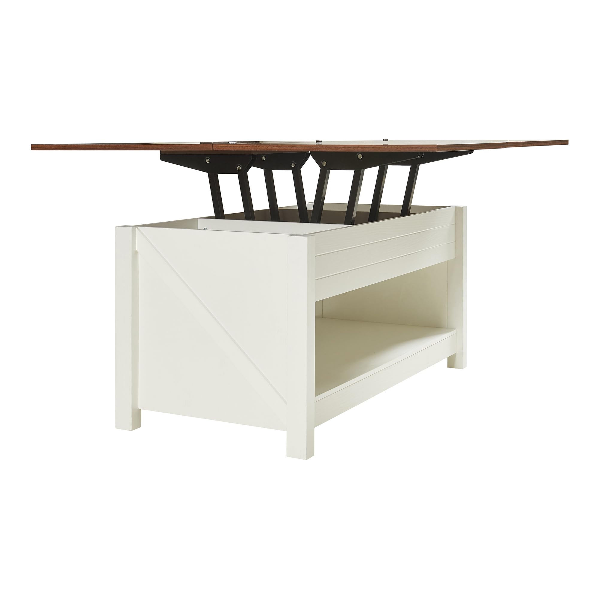 [en.casa] Table Basse de Salon avec Plateau Relevable Compartiment de Rangement Étagères Piètement Stable Panneau de Particules 110 x 55 x 54 cm Effet Noyer Blanc